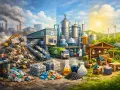 Od zanieczyszczonych fabryk po czystą energię i recykling. Obraz pokazuje różne poziomy recyklingu i jego wpływ na środowisko.