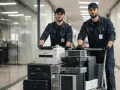 Dwóch pracowników w uniformach transportuje wózek z komputerami i drukarką. To profesjonalna utylizacja sprzętu elektronicznego w firmie.