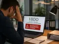 Zestresowany mężczyzna widzi na ekranie laptopa komunikat o braku rejestracji lub sprawozdania po terminie w BDO, co może wiązać się z opłatą produktową.