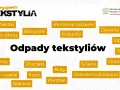Grafika informuje o segregacji odpadów tekstylnych: plecaków, zużytej odzieży, skarpetek, pluszowych zabawek, kożuchów, dywanów, obrusów, torebek, zasłon, pościeli, butów, ścierki, firan, czapek i szalików, koców, galanterii skórzanej, bielizny i portf...