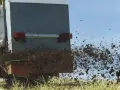 Rozrzutnik rozsypuje komunalne osady ściekowe na polu. Materiał jest wyrzucany w powietrze, tworząc brązową chmurę.