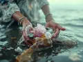 Dłonie zbierają plastikowe odpady z wody, ukazując problem zanieczyszczenia.