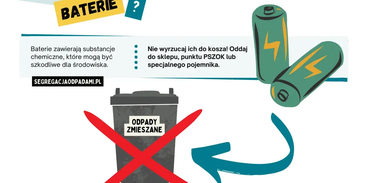Baterie zawierają szkodliwe substancje. Prawidłowa utylizacja baterii to oddanie ich do sklepu, PSZOK lub specjalnego pojemnika, a nie do kosza na odpady zmieszane.