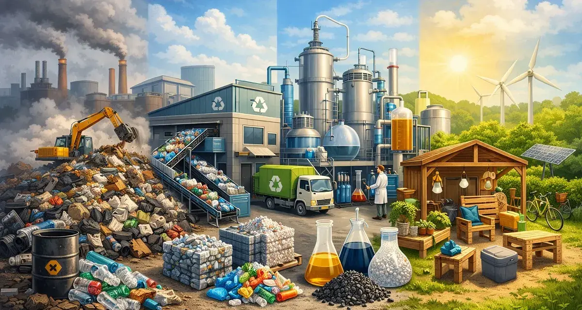 Od zanieczyszczonych fabryk po czystą energię i recykling. Obraz pokazuje różne poziomy recyklingu i jego wpływ na środowisko.