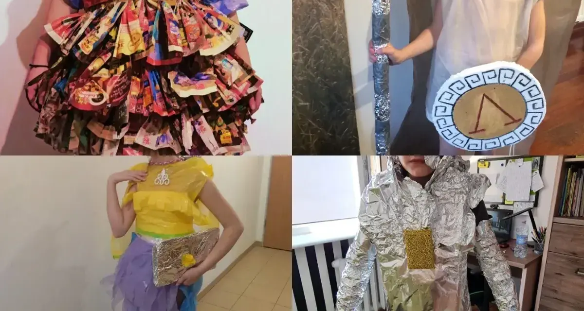 Kreatywny strój z recyklingu dla dziewczynki: falbaniasta spódnica z opakowań, strój greckiego wojownika, sukienka z folii i strój kosmiczny.