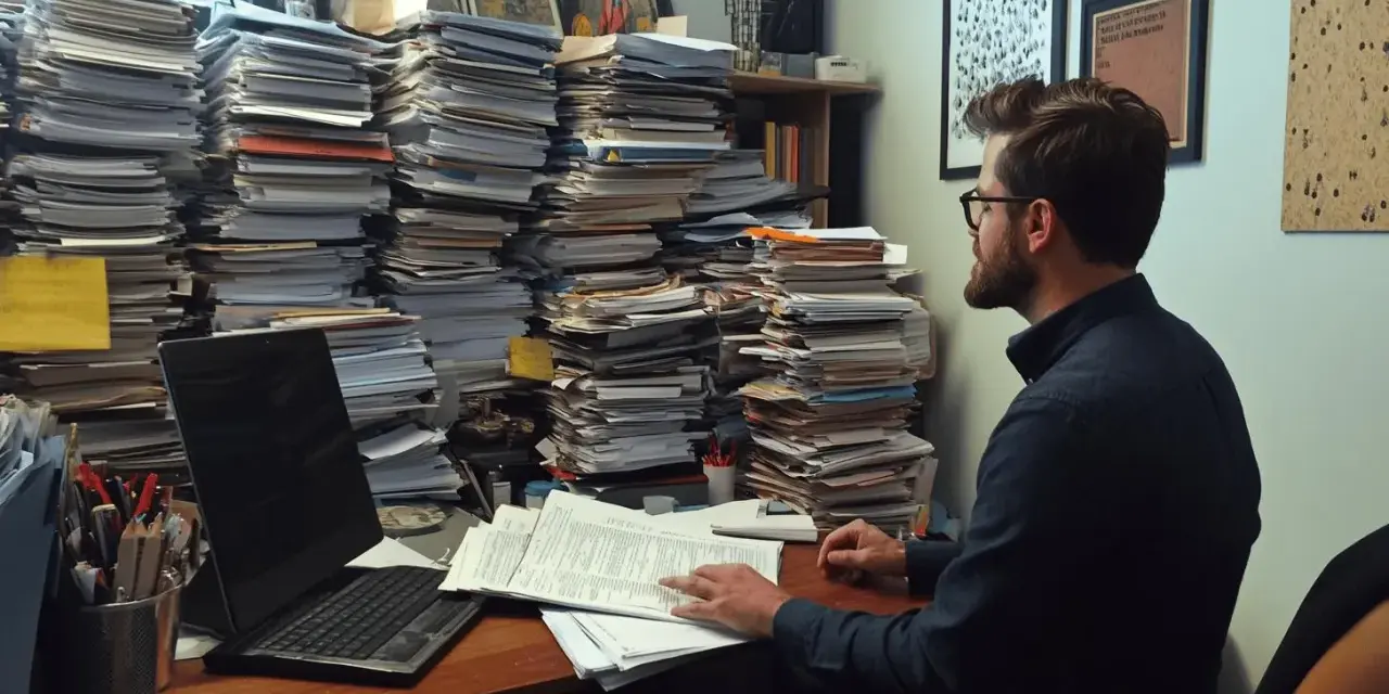 Pracownik z okularami tonie w papierach, próbując zdążyć ze sprawozdaniem BDO po terminie.
