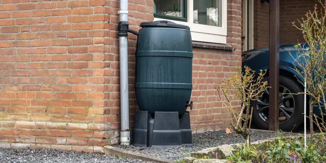 Zbiornik na wodę opadową przy ceglanym domu, zbierający deszczówkę z rynny. Ekologiczne rozwiązanie dla ogrodu.