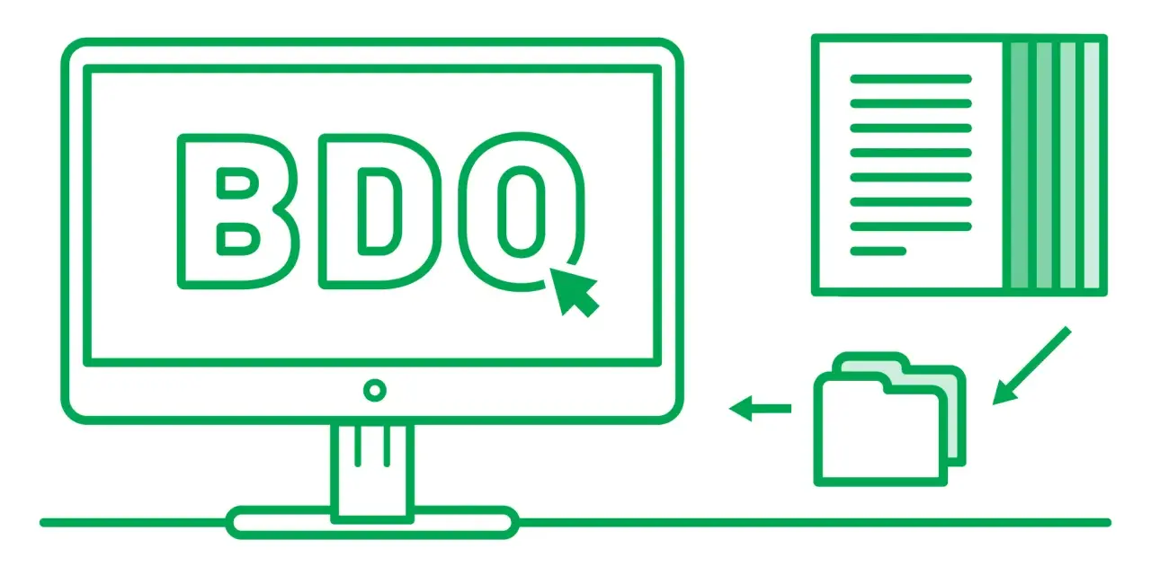 Komputer z napisem BDO, dokument i folder. KPO w BDO to proces zarządzania danymi.