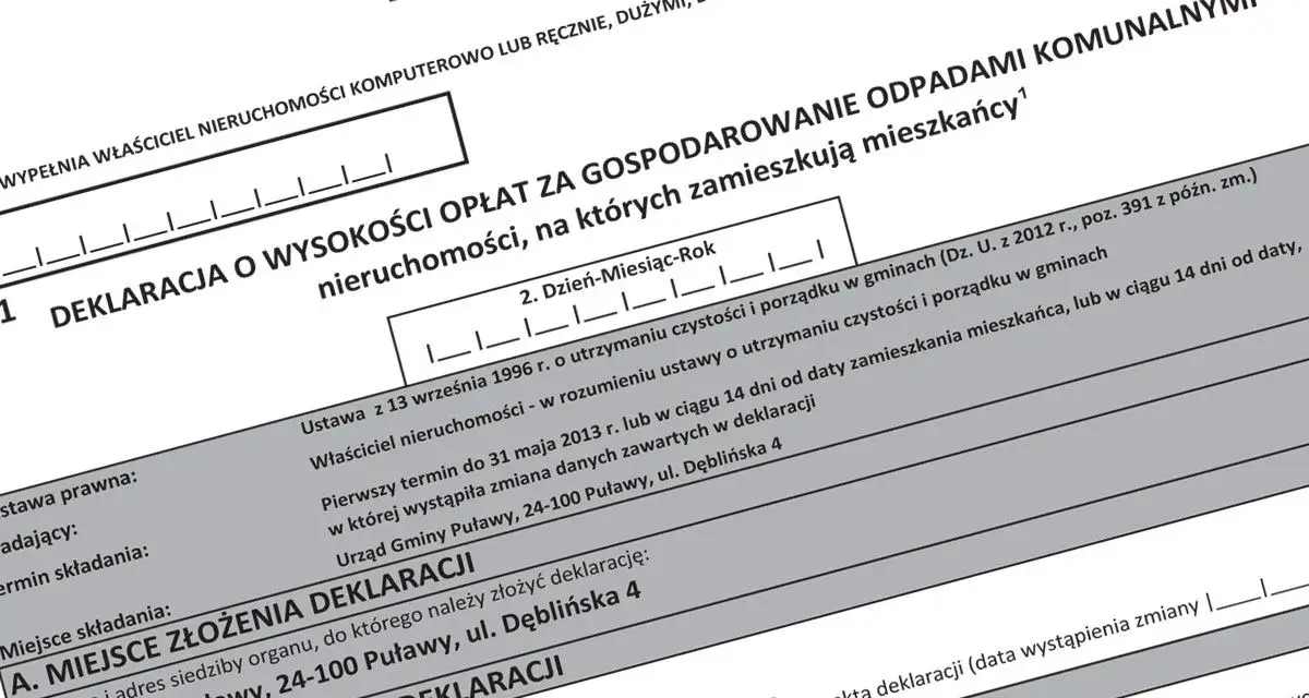 Deklaracja o wysokości opłat za gospodarowanie odpadami komunalnymi, niezbędna do prawidłowego rozliczenia wywozu śmieci.