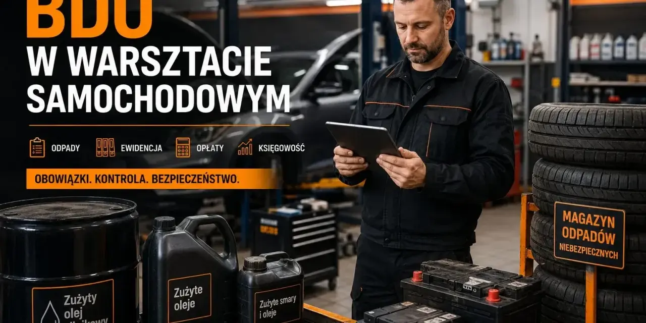 Mechanik w warsztacie samochodowym korzysta z tabletu, zarządzając odpadami i ewidencją. Obok stoją beczki z zużytymi olejami i akumulatory.