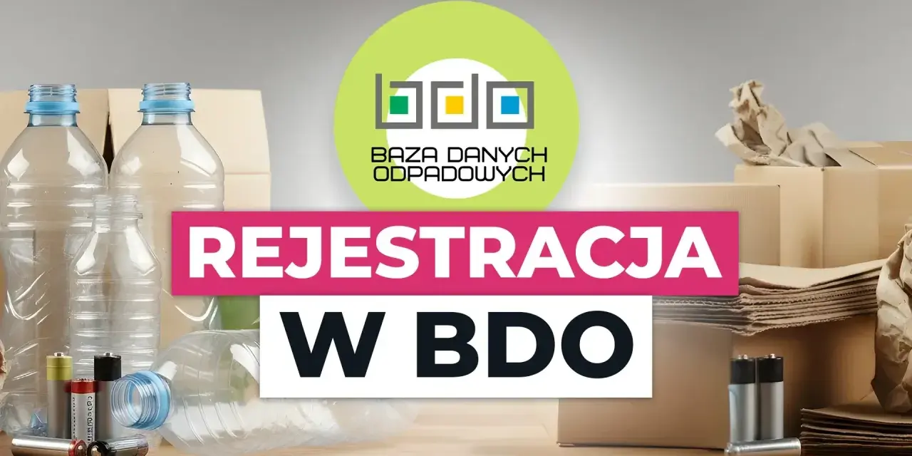 Chcesz wiedzieć, jak sprawdzić numer BDO po NIP? Grafika przedstawia logo BDO i tekst "Rejestracja w BDO" na tle butelek, baterii i kartonów.