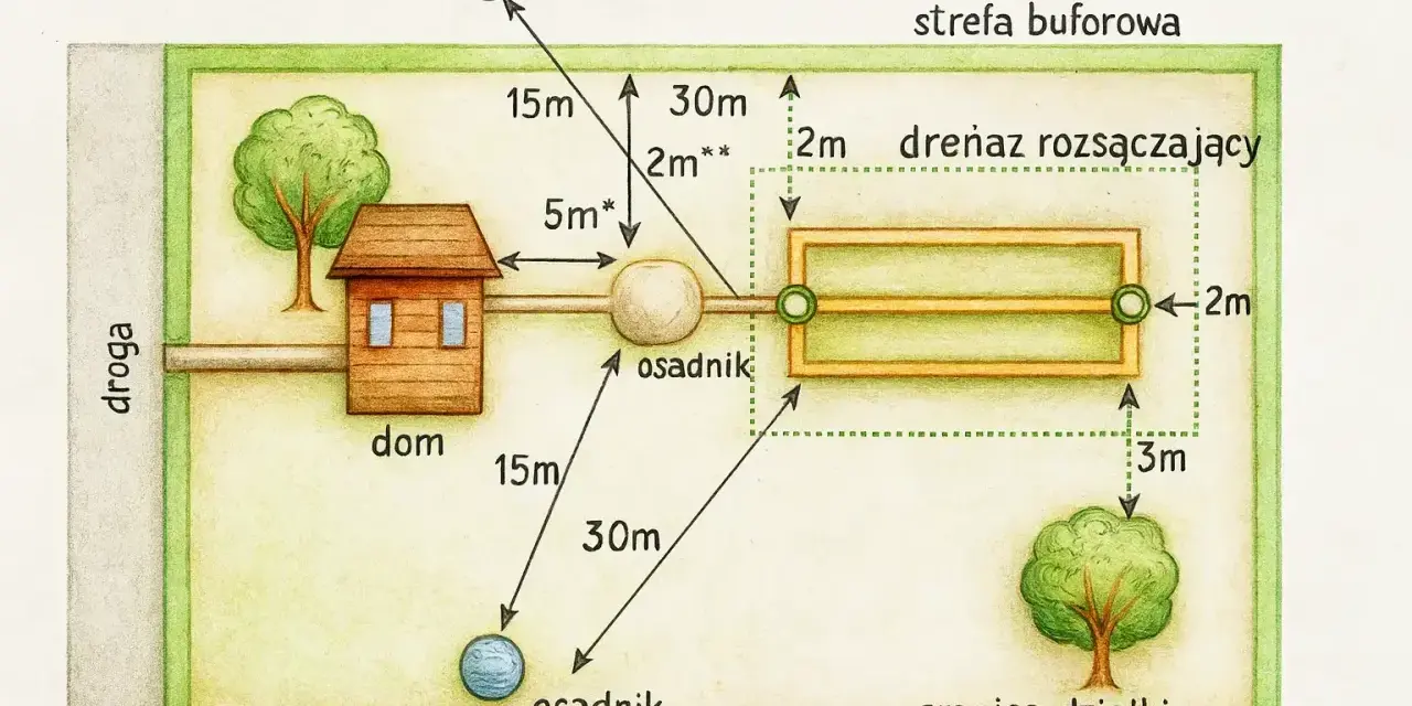 Ilustracja schematyczna działki z domem, szambem, studnią i drenażem rozsączającym, z wymiarami odległości.
