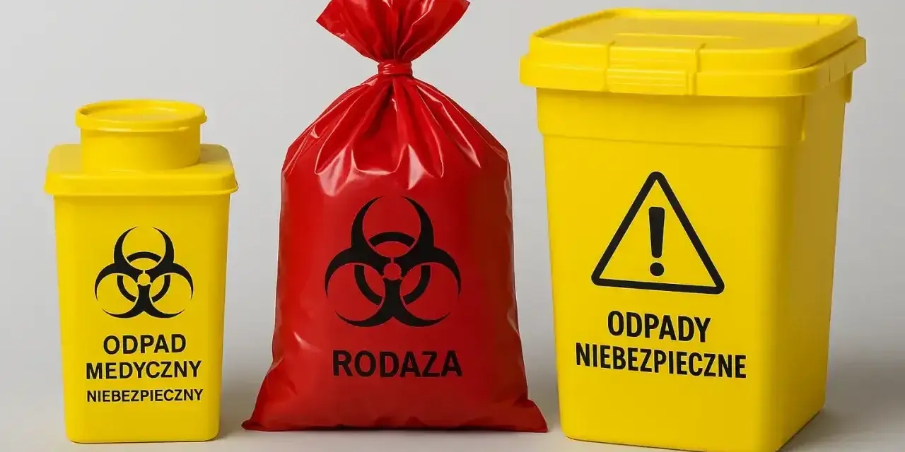 Żółte pojemniki i czerwony worek z symbolem biohazardu. Oznaczenia: "ODPAD MEDYCZNY NIEBEZPIECZNY", "RODAZA", "ODPADY NIEBEZPIECZNE". Kod odpadu 18 01 04.