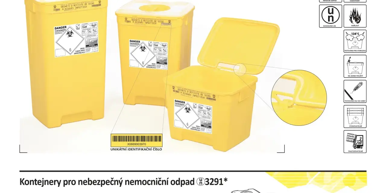 Żółte pojemniki na odpady medyczne 18 01 03, oznaczone jako niebezpieczne i do utylizacji.