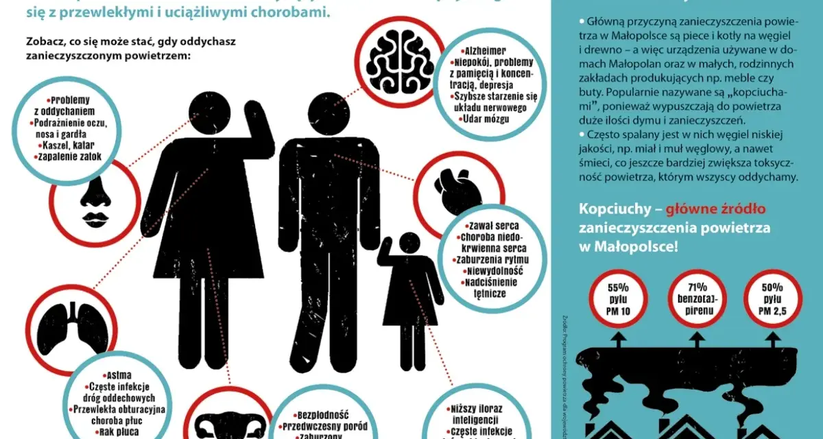 Ilustracja przedstawia sylwetki ludzi i narządów wewnętrznych z zaznaczonymi negatywnymi skutkami zanieczyszczenia powietrza.