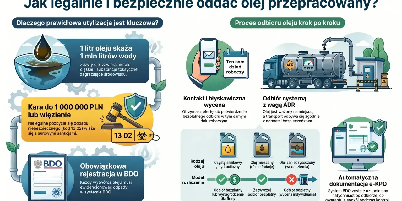 Jak oddać odpady bez BDO? Dowiedz się o procesie odbioru oleju, karach za nielegalne pozbycie się odpadów i obowiązkowej rejestracji w BDO.