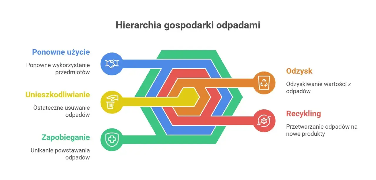 Hierarchia gospodarki odpadami: zapobieganie, ponowne użycie, unieszkodliwianie, odzysk i recykling. Rzeczy z recyklingu to klucz do zrównoważonego rozwoju.