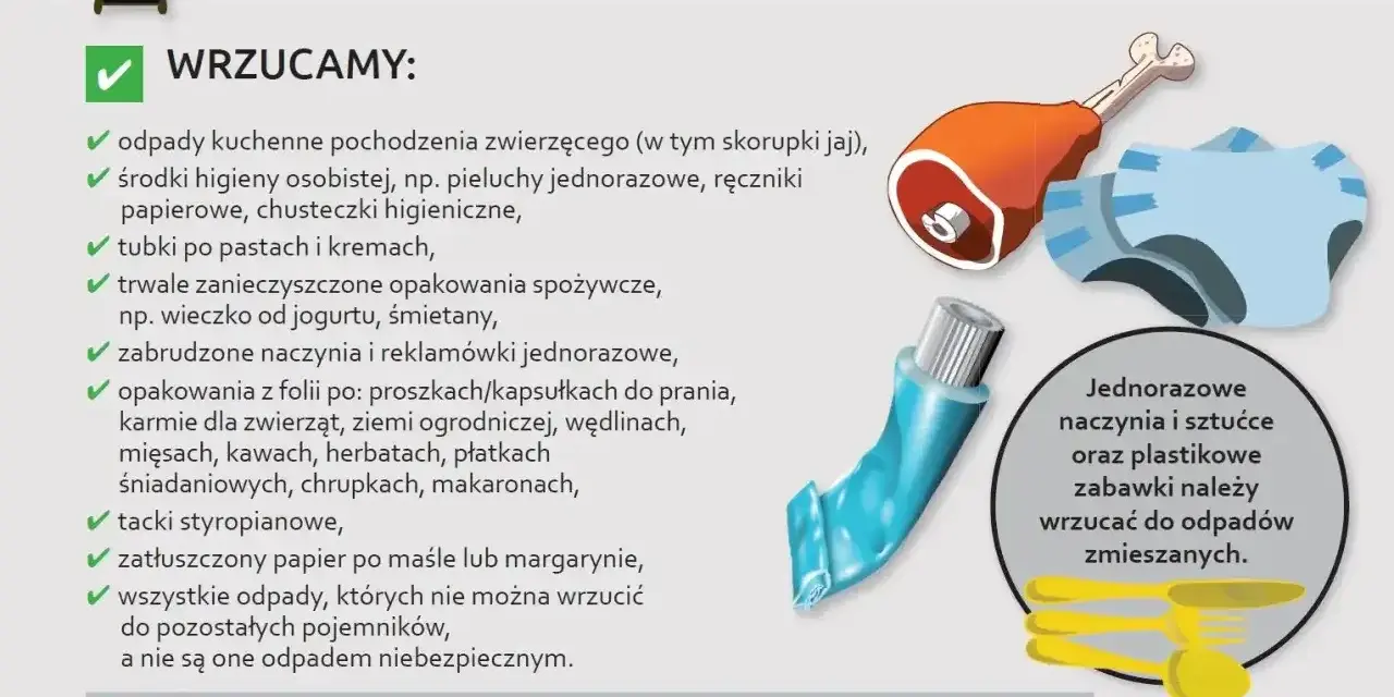 Czarny pojemnik na odpady zmieszane: resztki jedzenia, zużyte pieluchy, tubki po pastach, zatłuszczony papier.