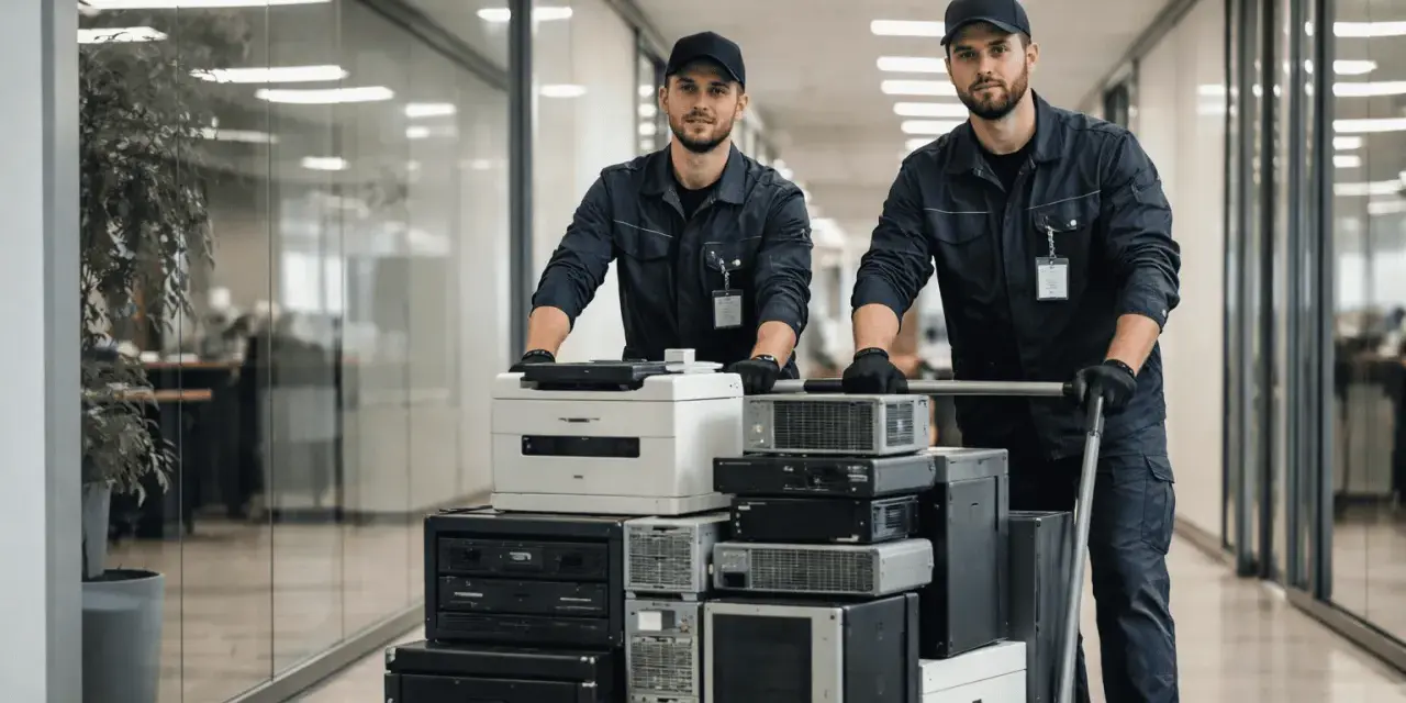 Dwóch pracowników w uniformach transportuje wózek z komputerami i drukarką. To profesjonalna utylizacja sprzętu elektronicznego w firmie.