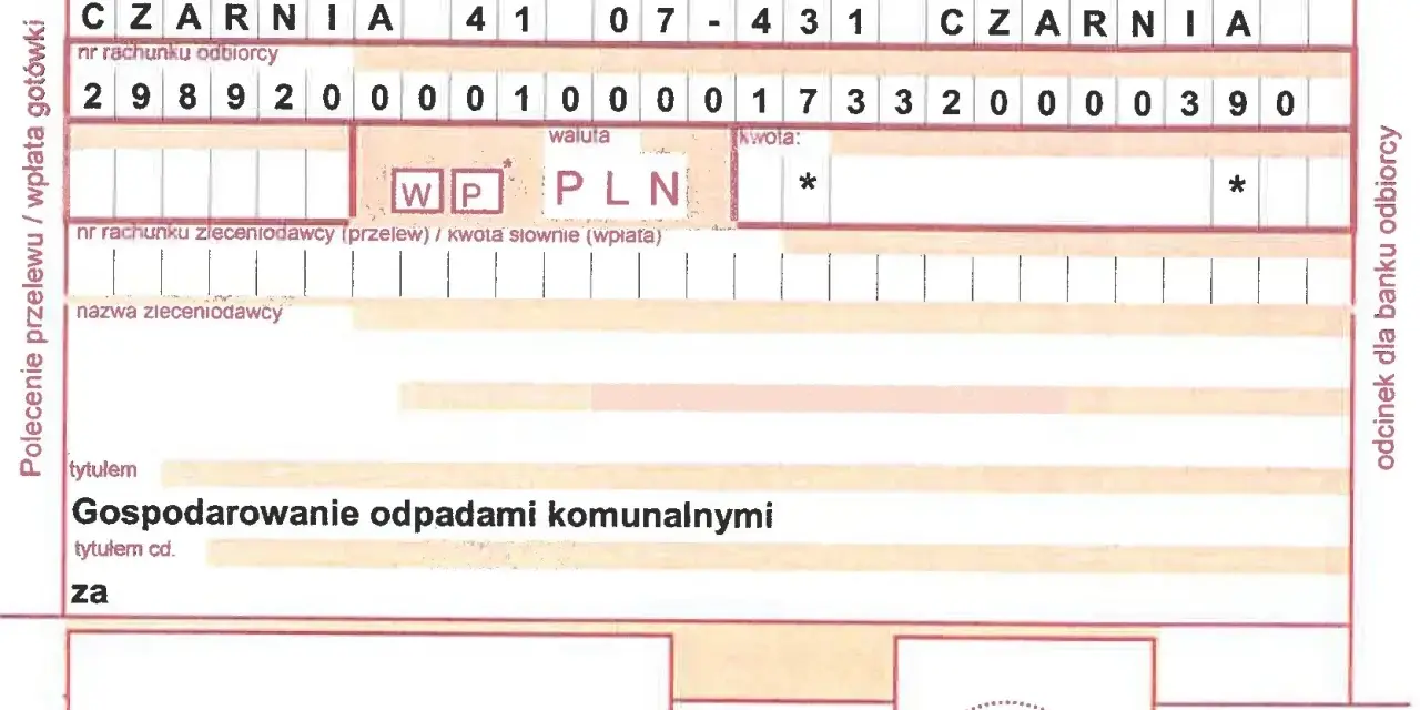 Przelew na rzecz Urzędu Gminy Czarnia za gospodarowanie odpadami komunalnymi. Opłaty za śmieci.