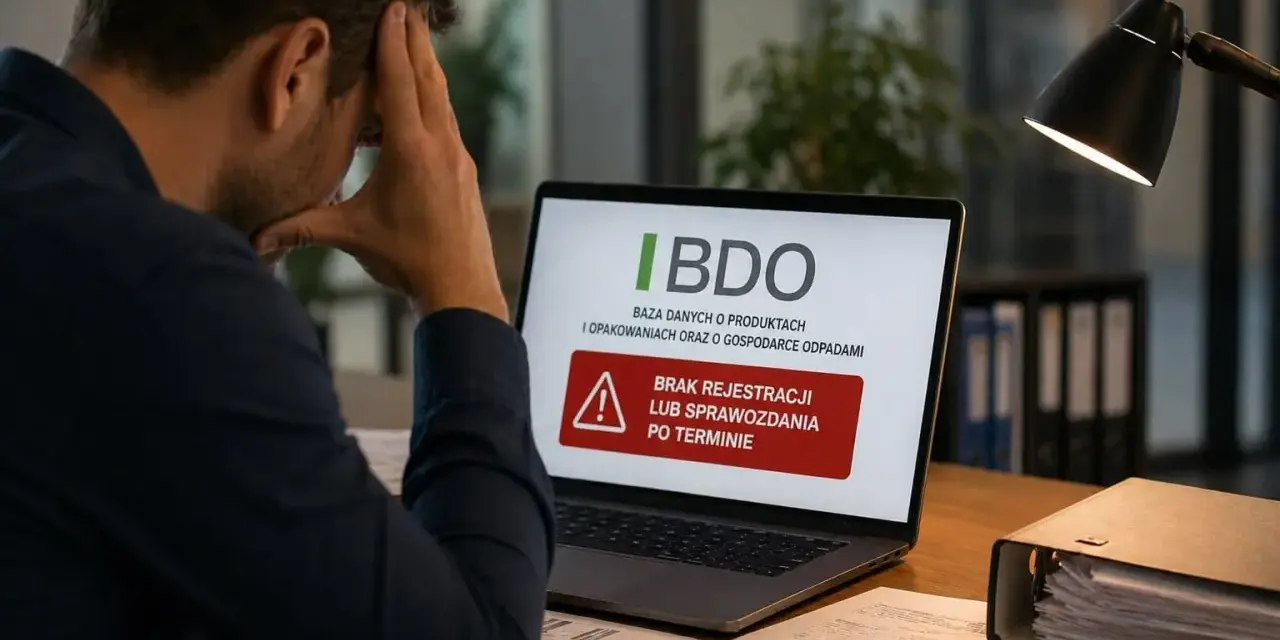 Zestresowany mężczyzna widzi na ekranie laptopa komunikat o braku rejestracji lub sprawozdania po terminie w BDO, co może wiązać się z opłatą produktową.
