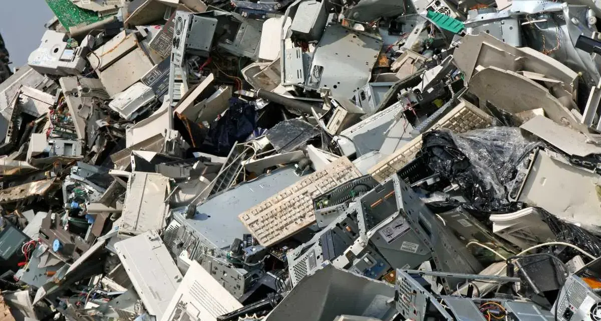 Góra starych komputerów, monitorów i klawiatur. To widok na odpady przemysłowe, które czekają na recykling.