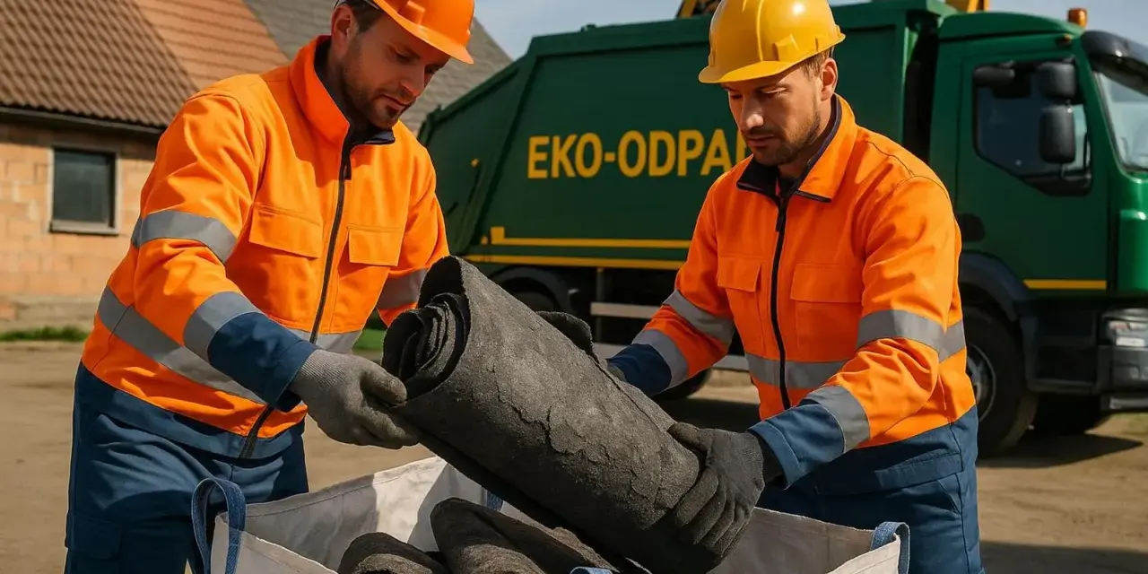 Dwóch pracowników w pomarańczowych kurtkach i kaskach wyjmuje z worka zrolowane materiały. Obok stoi zielona śmieciarka z napisem "EKO-ODPADY". To pszok papa, który trafi do recyklingu.