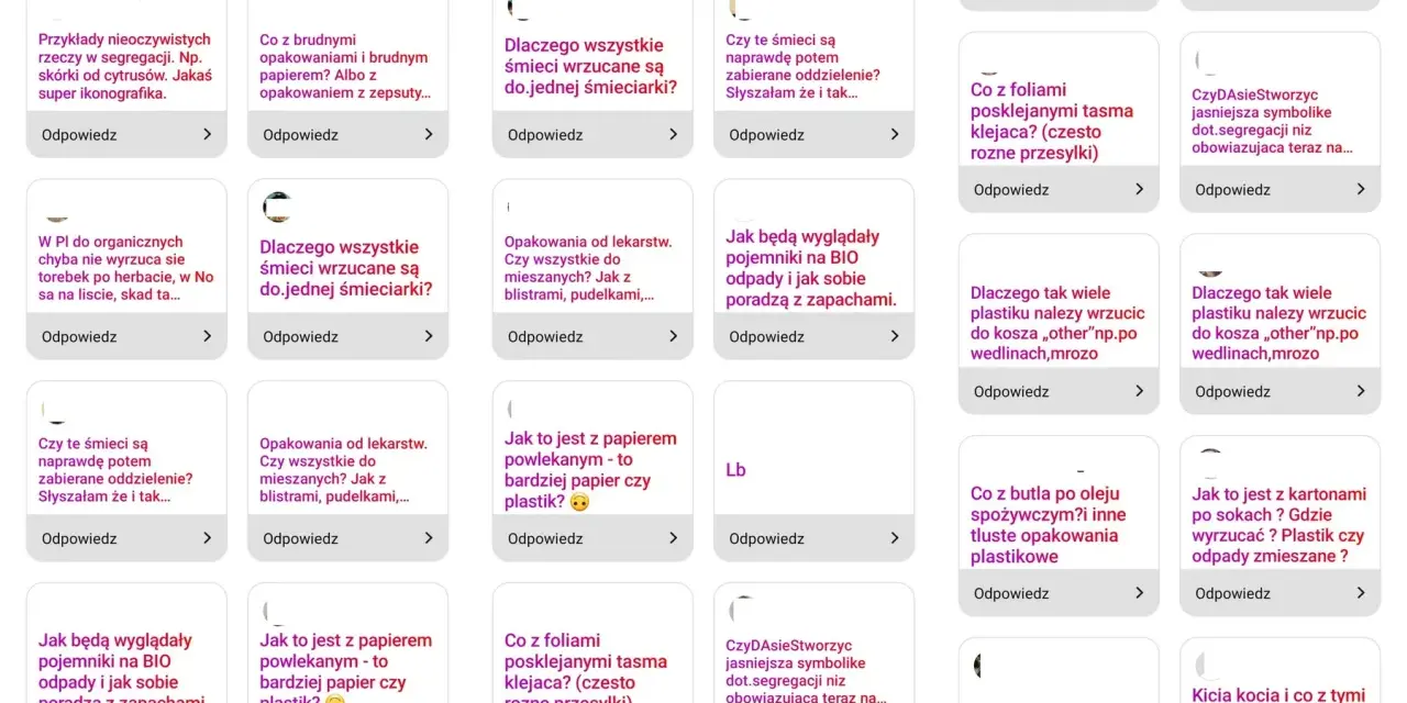 Widok ekranu telefonu z wieloma kartami pytań i odpowiedzi dotyczących segregacji śmieci.