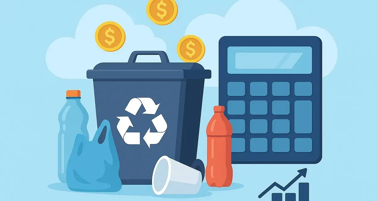 Kosz na śmieci z symbolem recyklingu, butelki, kubek, kalkulator i monety. Utylizacja co to? To sposób na oszczędzanie i zarabianie.
