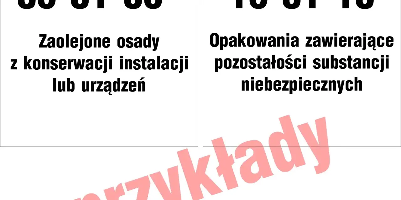 15 01 10: opakowania zawierające pozostałości substancji niebezpiecznych. Przykładem są zaolejone osady z konserwacji instalacji.
