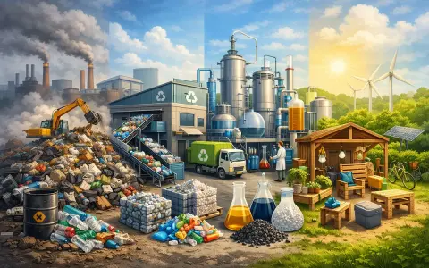 Od zanieczyszczonych fabryk po czystą energię i recykling. Obraz pokazuje różne poziomy recyklingu i jego wpływ na środowisko.