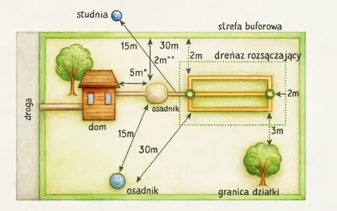 Schemat instalacji przydomowej z zaznaczonymi odległościami. Sprawdź wywóz szamba cennik, aby dowiedzieć się o kosztach.