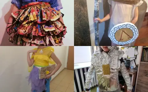 Kreatywny strój z recyklingu dla dziewczynki: falbaniasta spódnica z opakowań, strój greckiego wojownika, sukienka z folii i strój kosmiczny.