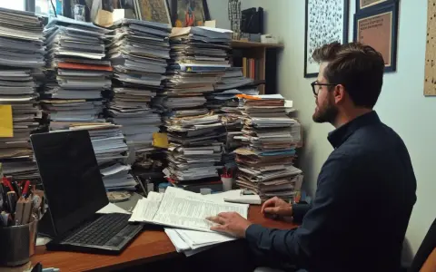 Pracownik z okularami tonie w papierach, próbując zdążyć ze sprawozdaniem BDO po terminie.