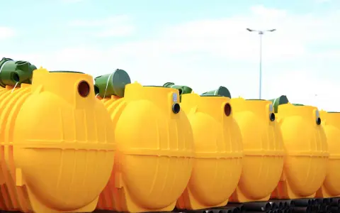 Rząd żółtych, plastikowych zbiorników na szambo ekologiczne. Czy szambo ekologiczne trzeba opróżniać? Tak, nawet te ekologiczne wymagają regularnego serwisu.