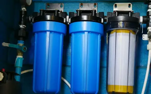 System filtrów do wody, który oczyszcza wodę. Dwa niebieskie filtry i jeden przezroczysty z białym wkładem.