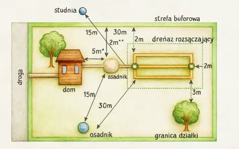 Ilustracja schematyczna działki z domem, szambem, studnią i drenażem rozsączającym, z wymiarami odległości.