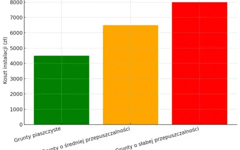 Wykres słupkowy pokazuje, że koszt budowy oczyszczalni ścieków jest najwyższy dla gruntów o słabej przepuszczalności, a najniższy dla gruntów piaszczystych.