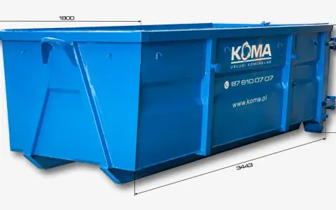 Niebieski kontener KOMA. Wymiary: 3443 mm długości, 1800 mm szerokości, 1365 mm wysokości. Idealny do usług komunalnych.