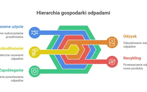 Hierarchia gospodarki odpadami: zapobieganie, ponowne użycie, unieszkodliwianie, odzysk i recykling. Rzeczy z recyklingu to klucz do zrównoważonego rozwoju.