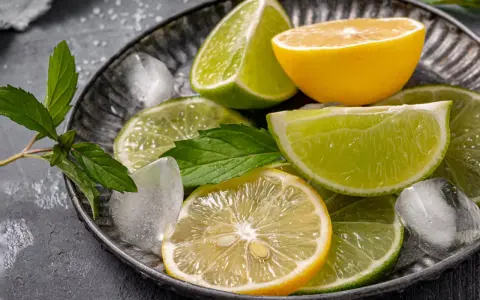 Plasterki cytryny i limonki, kostki lodu i listki mięty na metalowej tacy. Orzeźwiający zapach cytrusów, w tym limonen, unosi się w powietrzu.