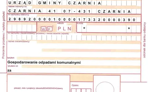 Przelew na rzecz Urzędu Gminy Czarnia za gospodarowanie odpadami komunalnymi. Opłaty za śmieci.