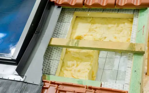 Wełna mineralna to świetny wybór, czym najlepiej ocieplić dom. Widoczna jest jej instalacja pod dachówką.