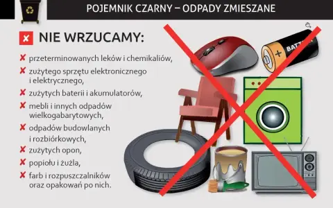 Czarny pojemnik na odpady zmieszane nie przyjmuje leków, elektroniki, baterii, mebli, opon, farb.