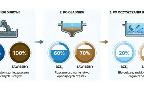 Schemat krajowego programu oczyszczania ścieków komunalnych: surowe ścieki (100% BZT5, 100% zawiesiny), po osadniku (60% BZT5, 70% zawiesiny), po oczyszczaniu biologicznym (20% BZT5, 30% zawiesiny).