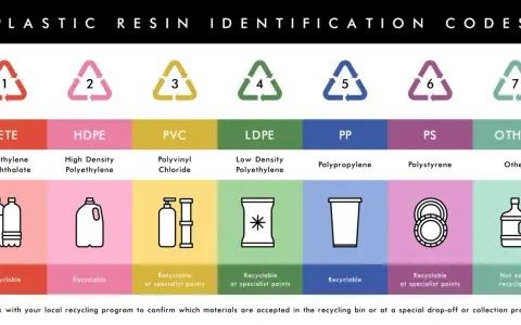Tabela z kodami identyfikacji tworzyw sztucznych. Każdy symbol recyklingu z numerem od 1 do 7 oznacza inny rodzaj plastiku, jego nazwę i sposób recyklingu.