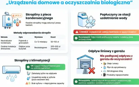 Ilustracje przedstawiające odpływy z urządzeń domowych (kocioł, klimatyzacja, garaż) i ich wpływ na oczyszczalnię biologiczną.