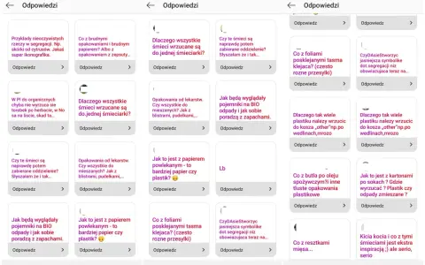 Widok ekranu telefonu z wieloma kartami pytań i odpowiedzi dotyczących segregacji śmieci.