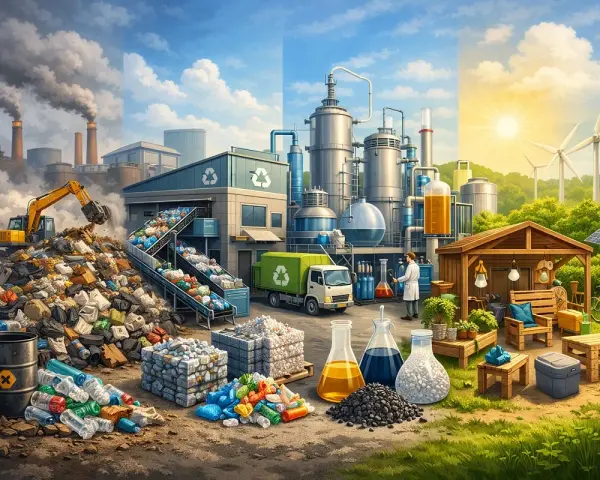 Od zanieczyszczonych fabryk po czystą energię i recykling. Obraz pokazuje różne poziomy recyklingu i jego wpływ na środowisko.