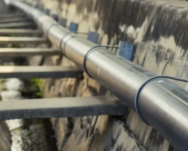 Metalowa rura biegnie wzdłuż betonowego koryta. To element kanalizacji ciśnieniowej, transportującej wodę.